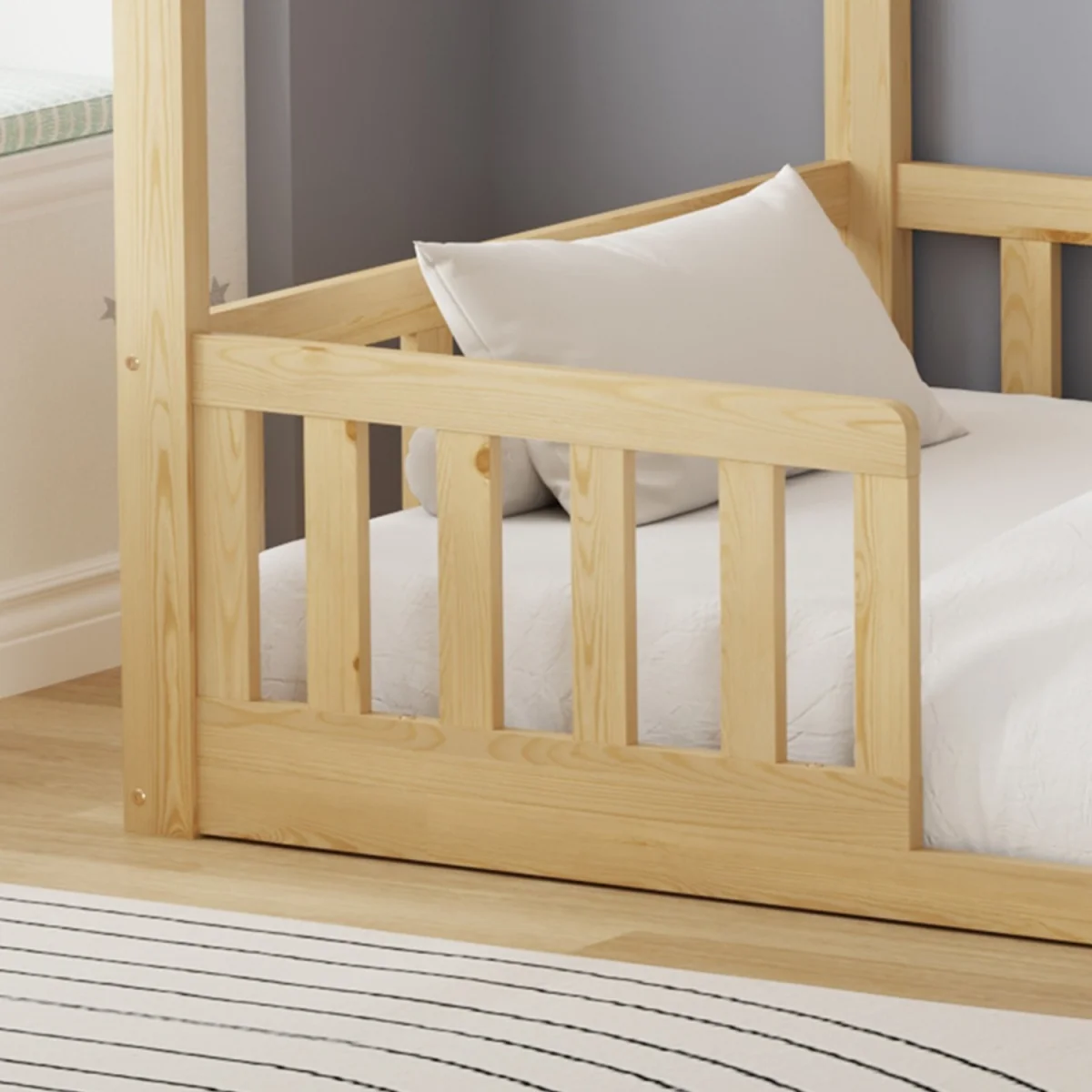 WestWood Wooden House-Shaped Toddler Bed Frame Single With Split Safety Guard Rail Natural – image 4