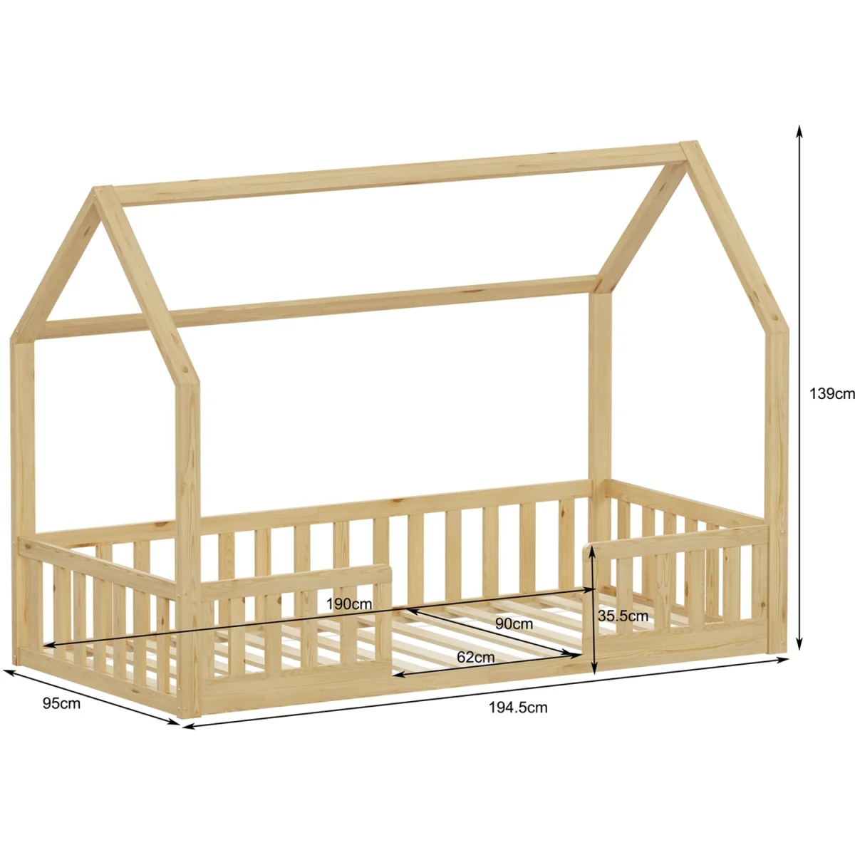WestWood Wooden House-Shaped Toddler Bed Frame Single With Split Safety Guard Rail Natural – image 7