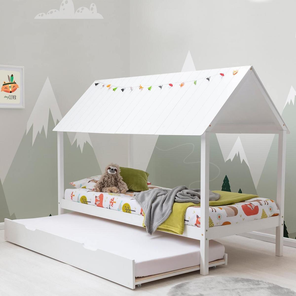 Robin Kids White Wooden House Bed With Roof Trundle Bed - White