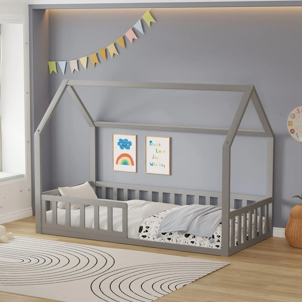 WestWood Wooden House-Shaped Toddler Bed Frame Single With Half-Length Guard Rail White – image 2