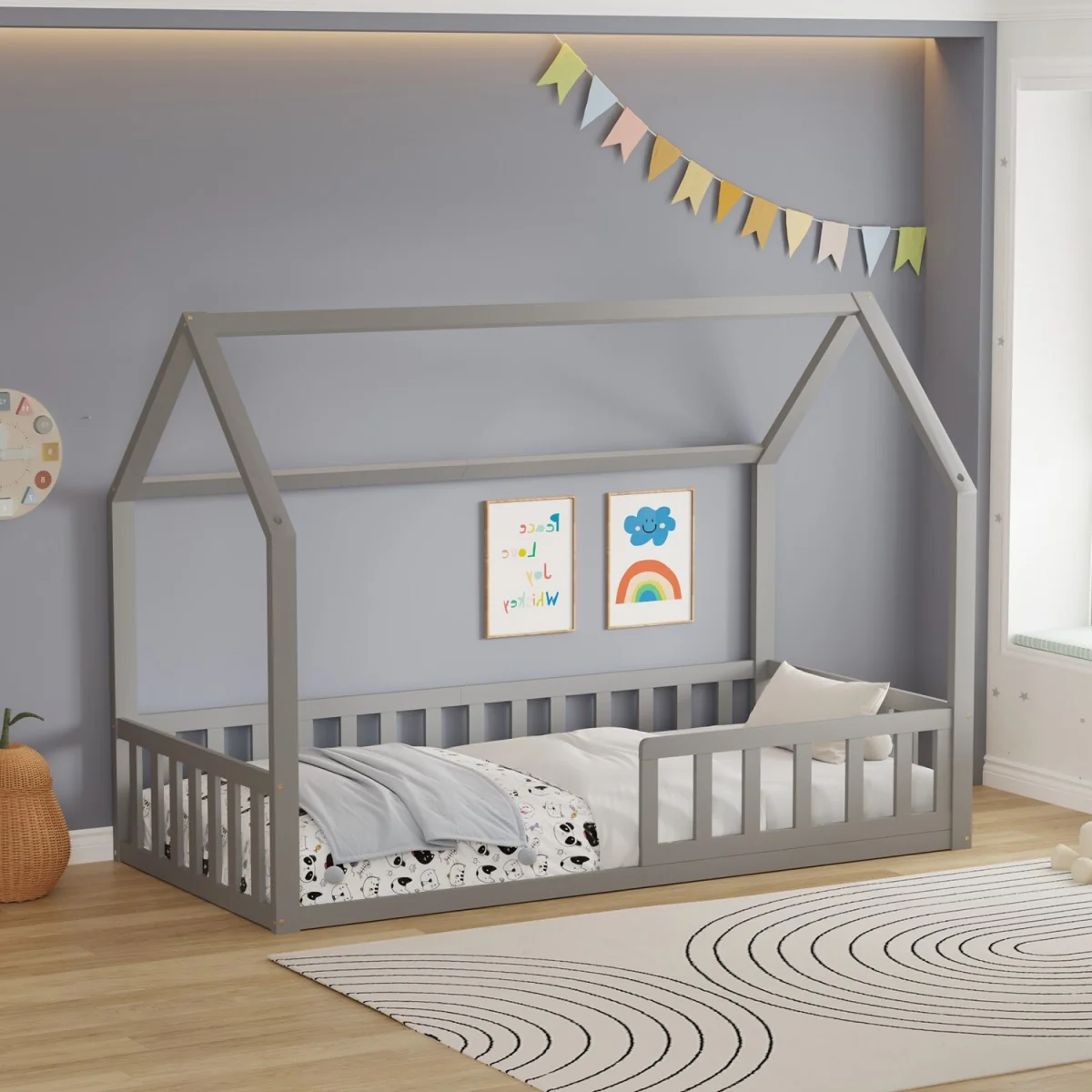 WestWood Wooden House-Shaped Toddler Bed Frame Single With Half-Length Guard Rail White – image 6