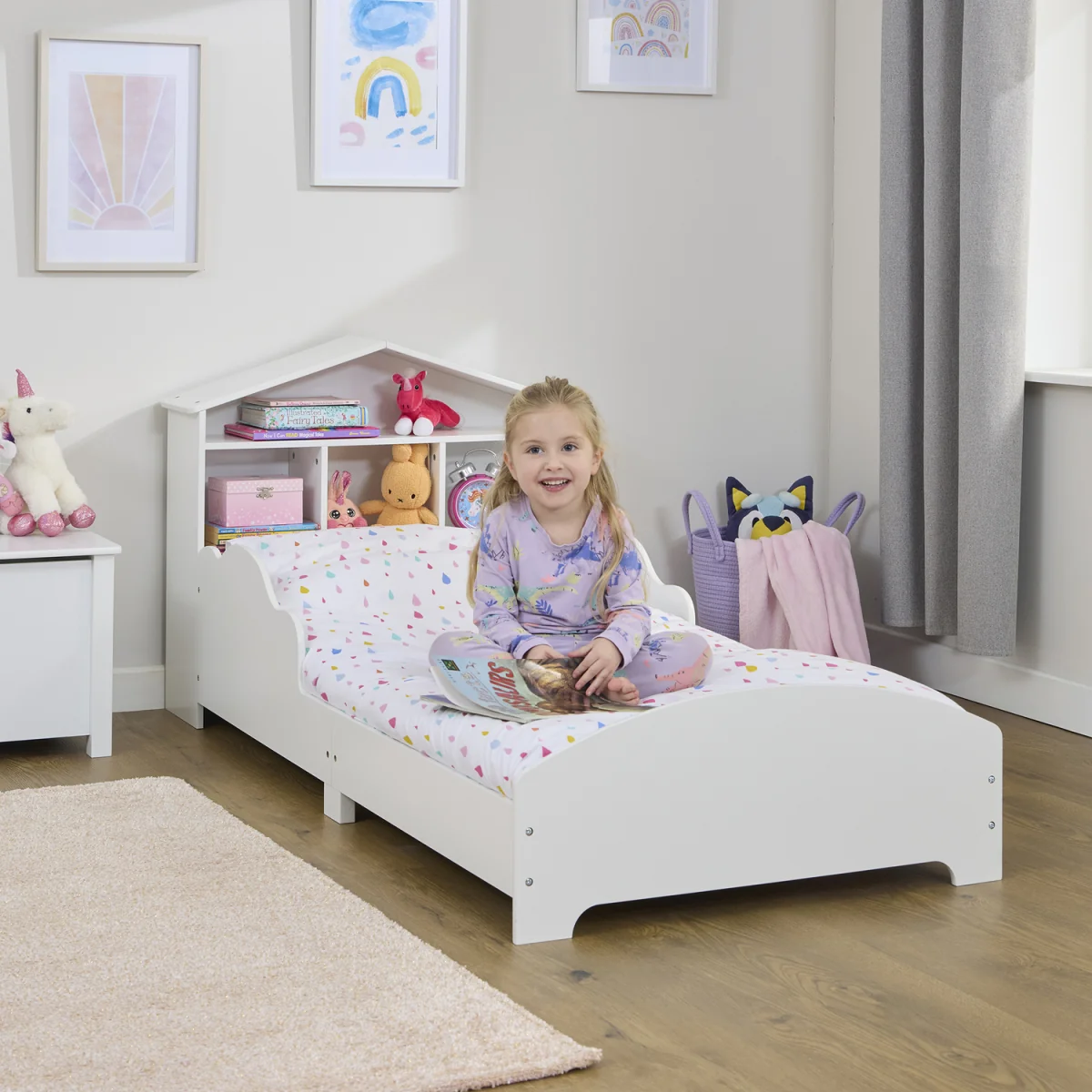 Kids White Toddler Bed with Bookcase