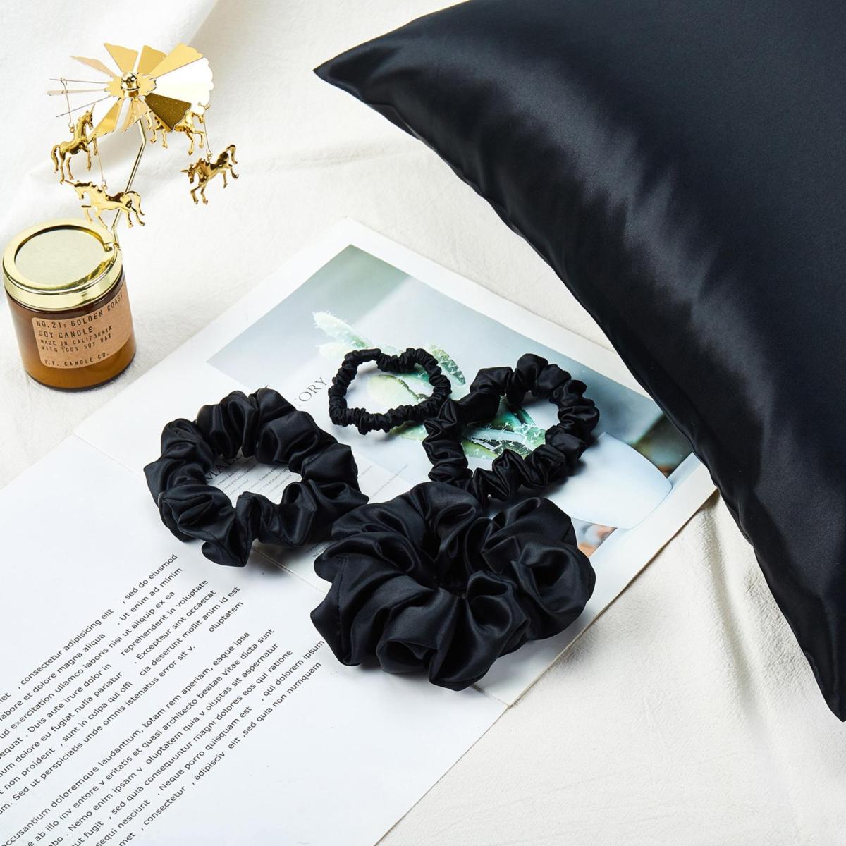 Gift Set: Black Pure Mulberry Silk Pillowcase, Eye Mask And Scrunchies King Size Us King Soft Strokes Silk – image 3
