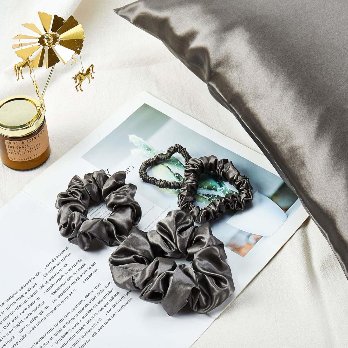 Gift Set: Grey Pure Mulberry Silk Pillowcase, Eye Mask And Scrunchies Queen Size Us Queen Soft Strokes Silk – image 3