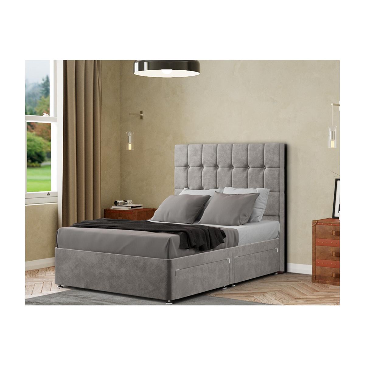 Venezia Divan Bed 2 Drawers Floor Standing Headboard Matching Buttons Plush - Silver / Superking