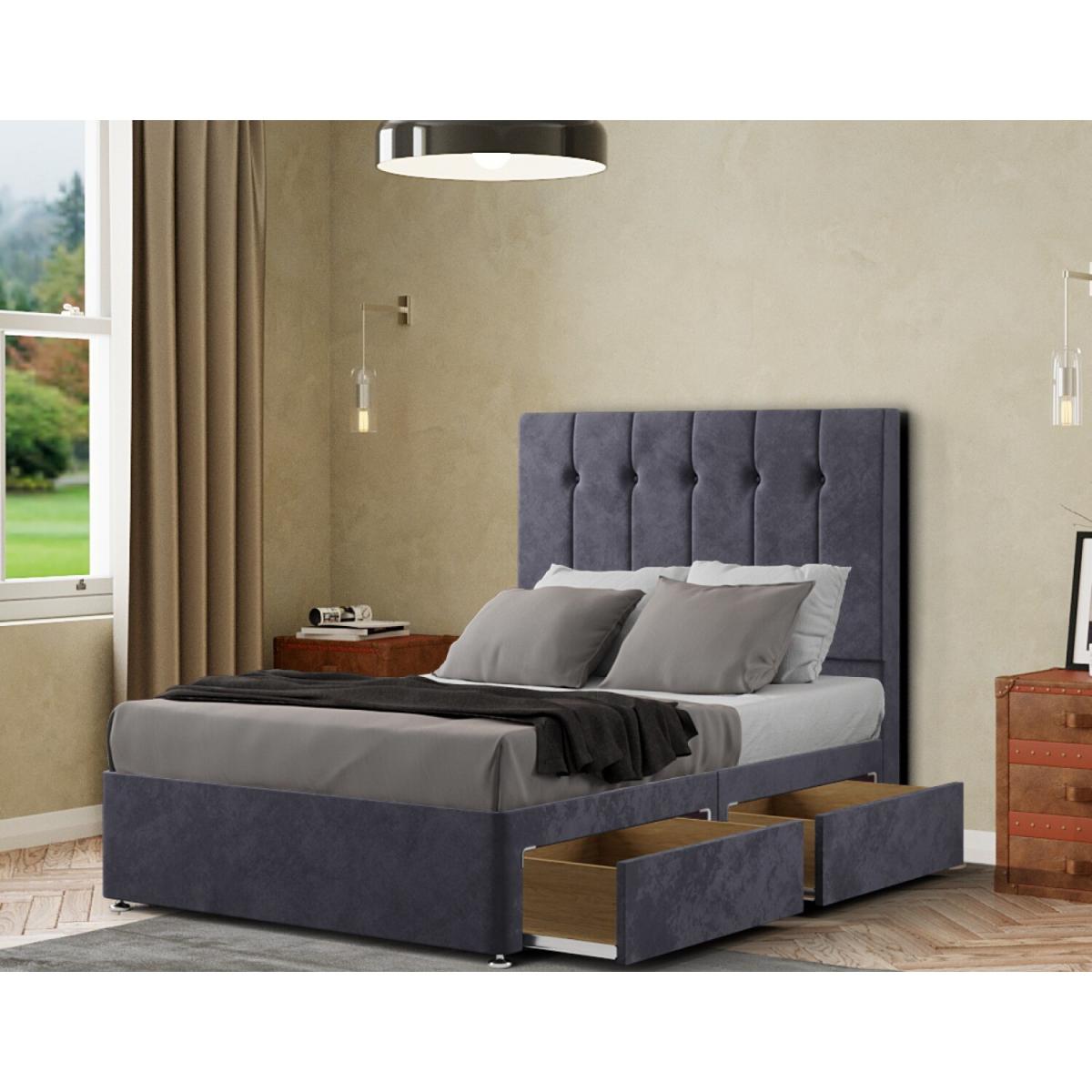 Highland Divan Bed 2 Drawers Floor Standing Headboard Matching Buttons Plush - Steel / Superking – image 2