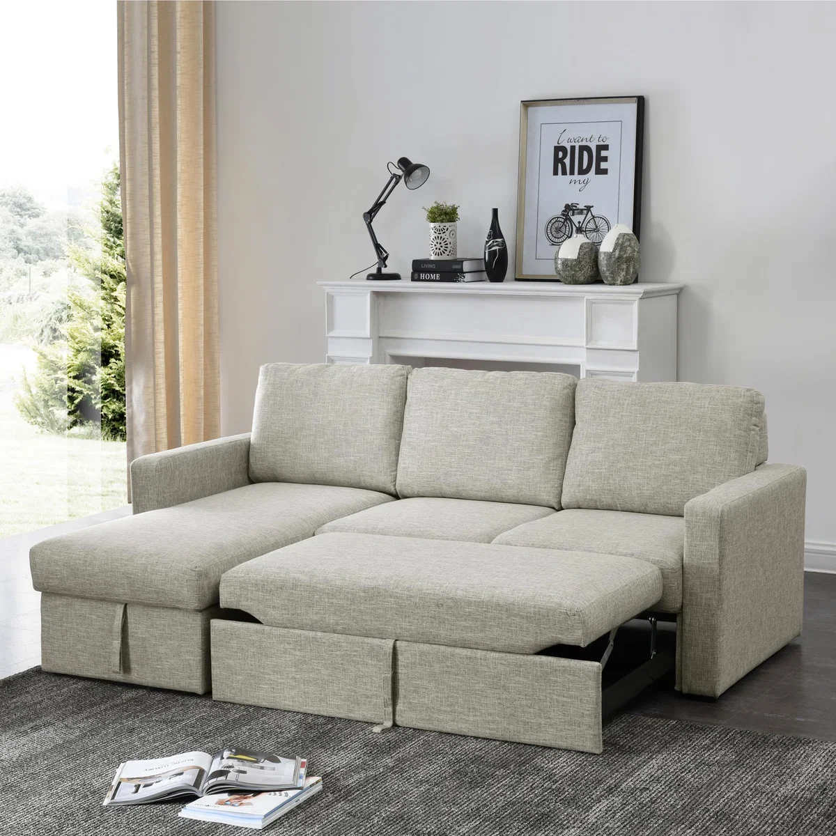 Sophia Fabric Corner Sofa Bed - Natural Beige – image 7
