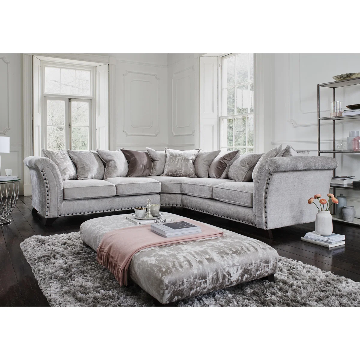 Holly Large Pillow Back Fabric Corner Sofa with Studs - Grey – image 2