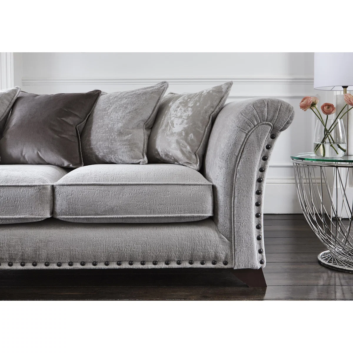 Holly Large Pillow Back Fabric Corner Sofa with Studs - Grey – image 3