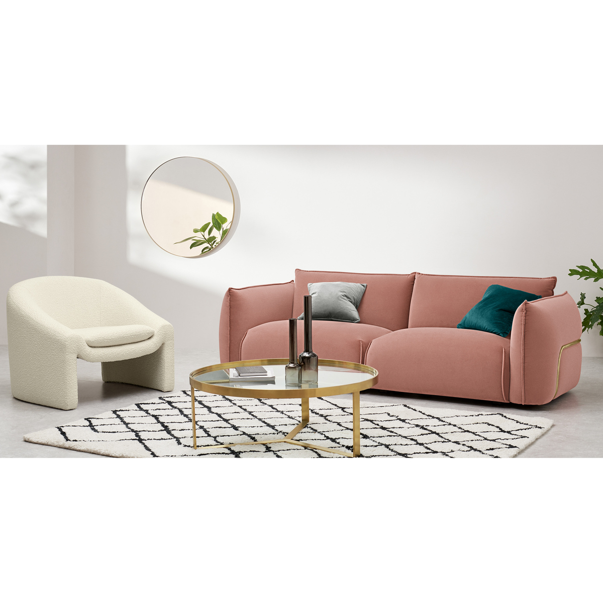 Dion 3 Seater Sofa, Blush Pink Velvet with Brass Frame – image 3