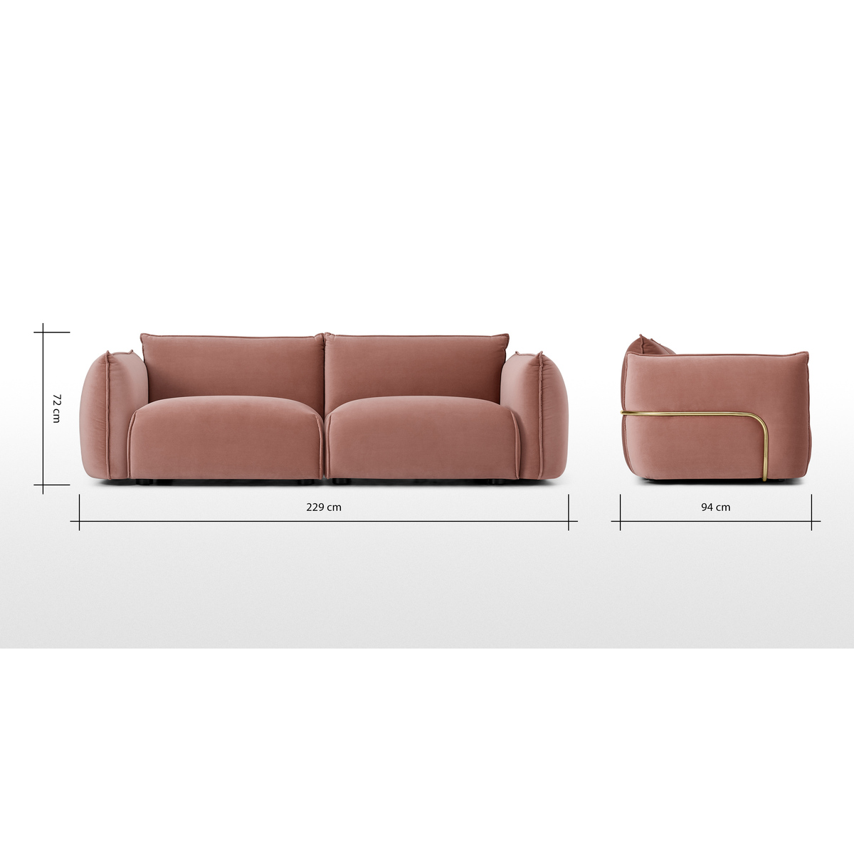 Dion 3 Seater Sofa, Blush Pink Velvet with Brass Frame – image 8