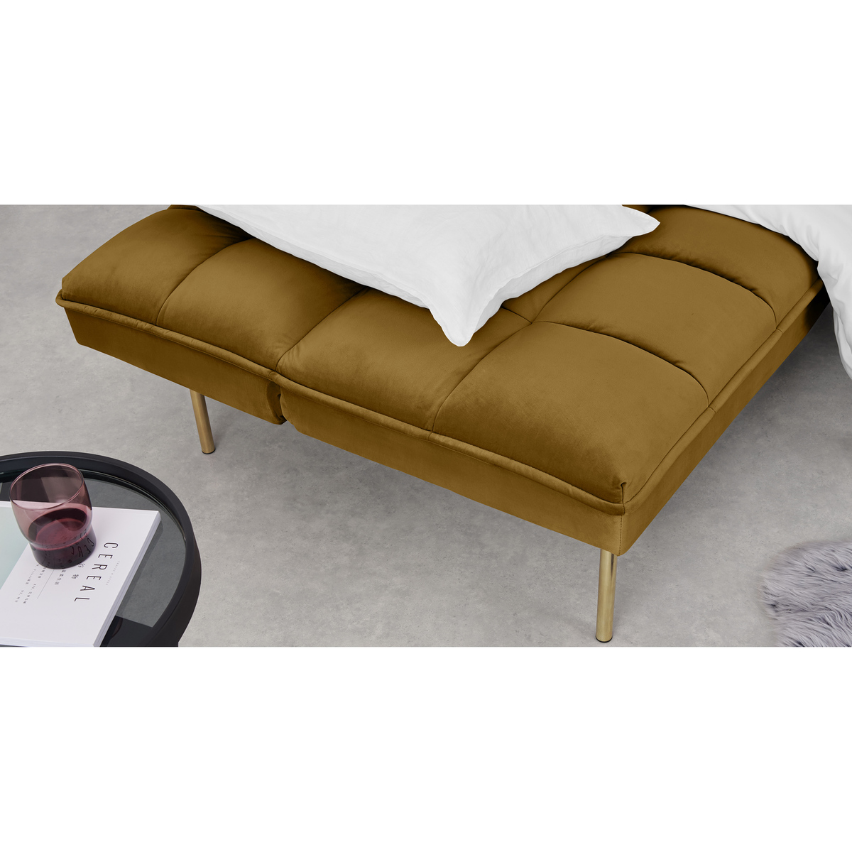 Hallie Click Clack Sofa Bed, Saffron Yellow Velvet with Brass Legs – image 7