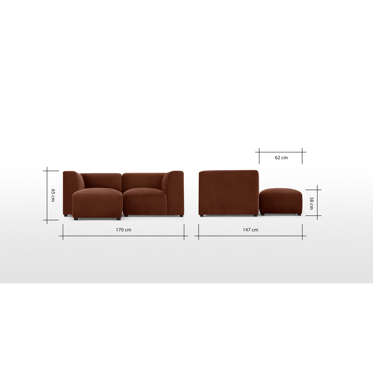 Juno 2 Seater Modular Sofa with Footstool, Warm Caramel Velvet – image 8
