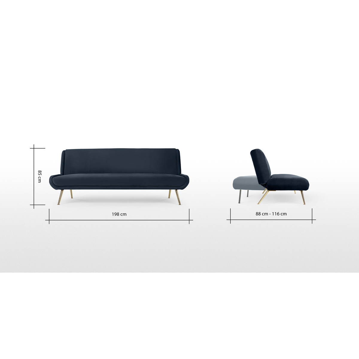 Moby Click Clack Sofa Bed, Sapphire Blue Velvet with Brass Leg – image 9