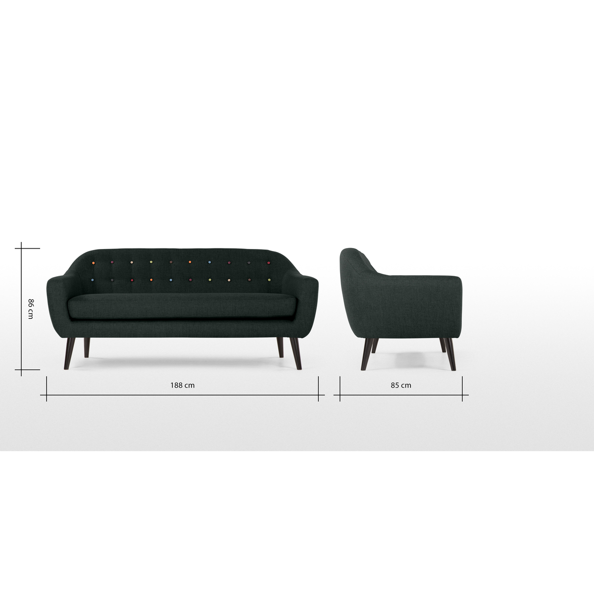 Ritchie 3 Seater Sofa, Anthracite Grey with Rainbow Buttons – image 8