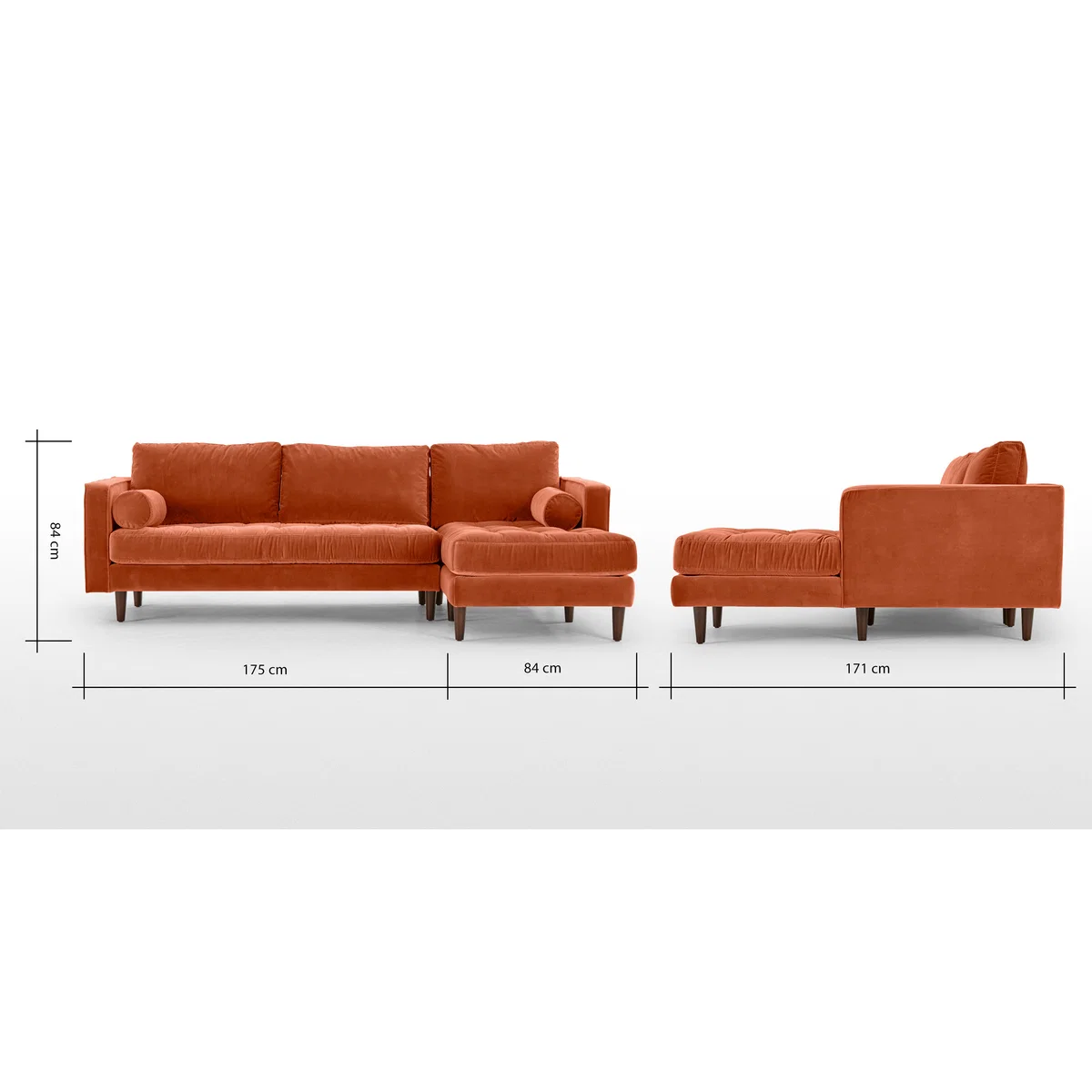 Scott 4 Seater Right Hand Facing Chaise End Corner Sofa, Burnt Orange Cotton Velvet – image 8