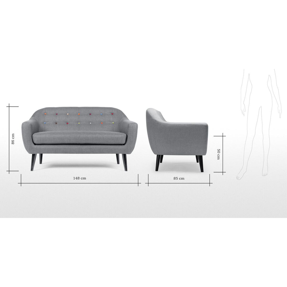 Ritchie 2 Seater Sofa, Pearl Grey with Rainbow Buttons – image 8