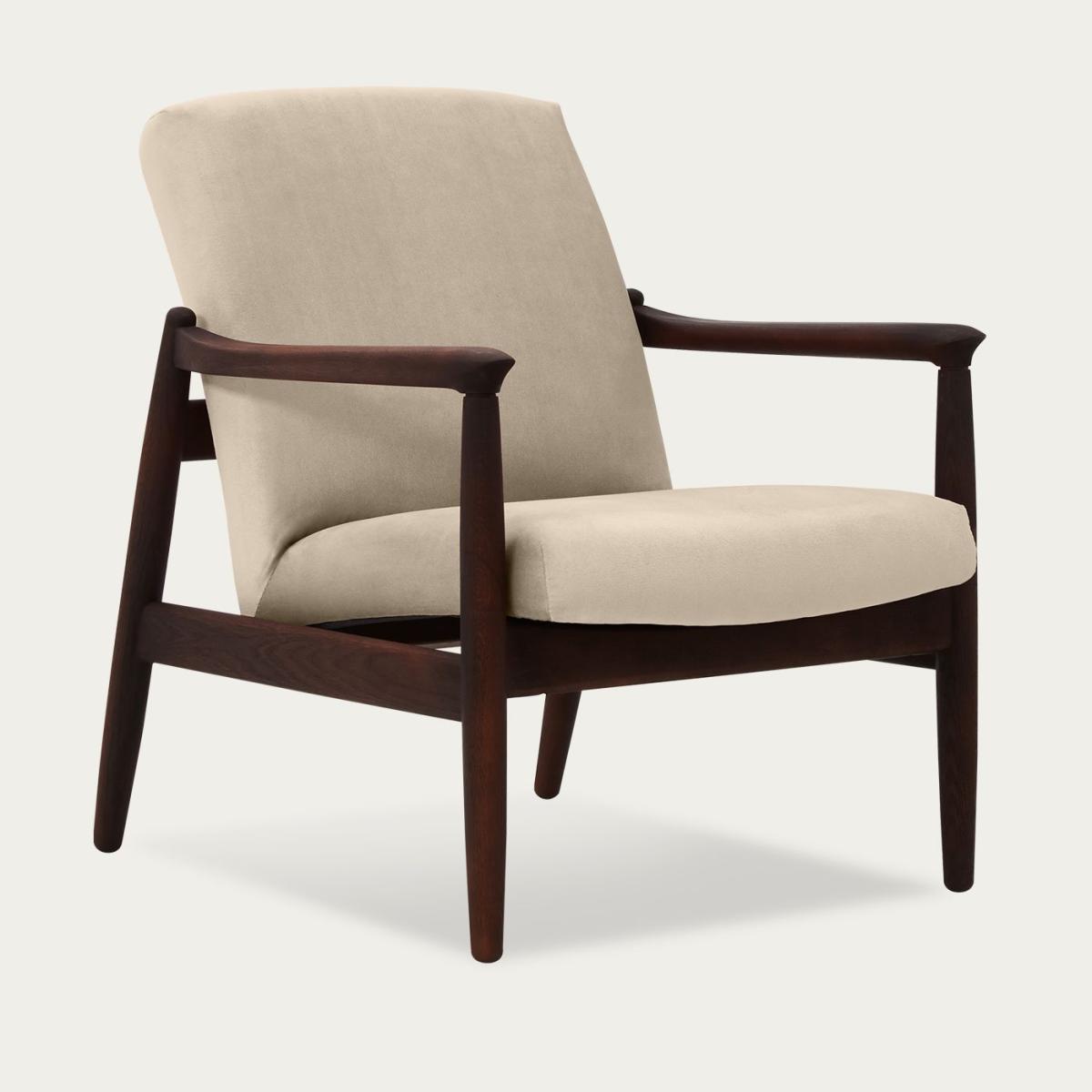 Ivory Beige H64 Velvet Lowback Armchair - Dark Oak