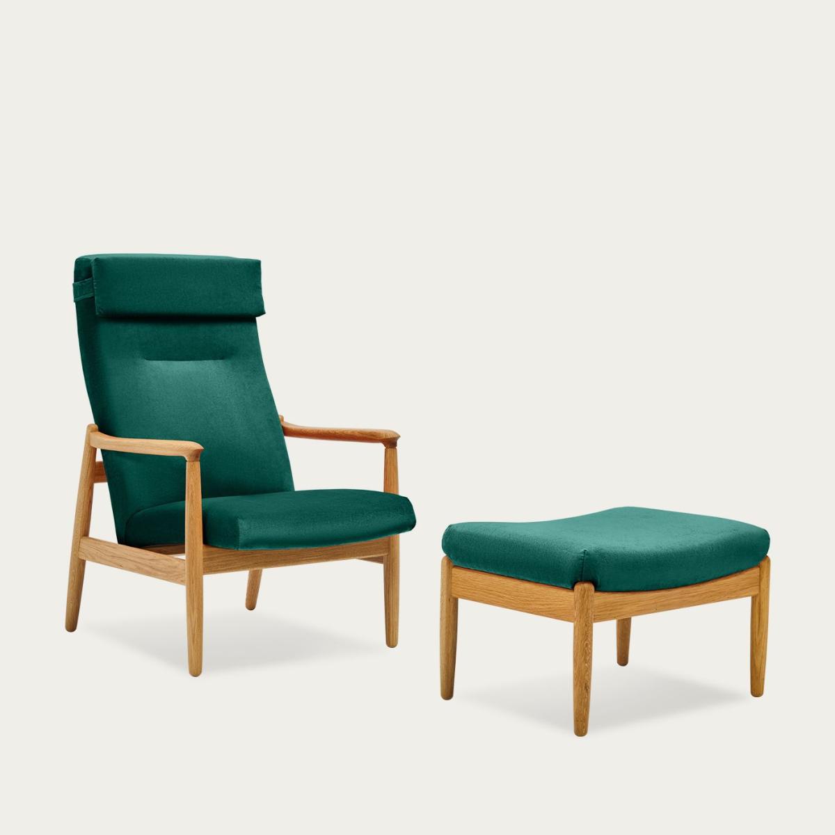 Bottle Green H64 Velvet Highback Armchair with Footstool - Oak