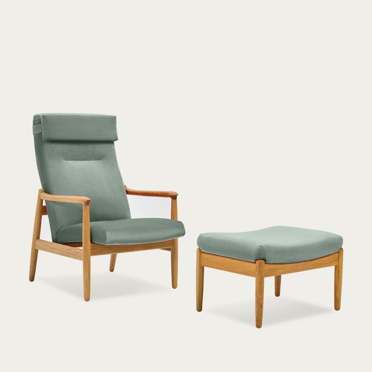Sage Green H64 Velvet Highback Armchair with Footstool - Oak