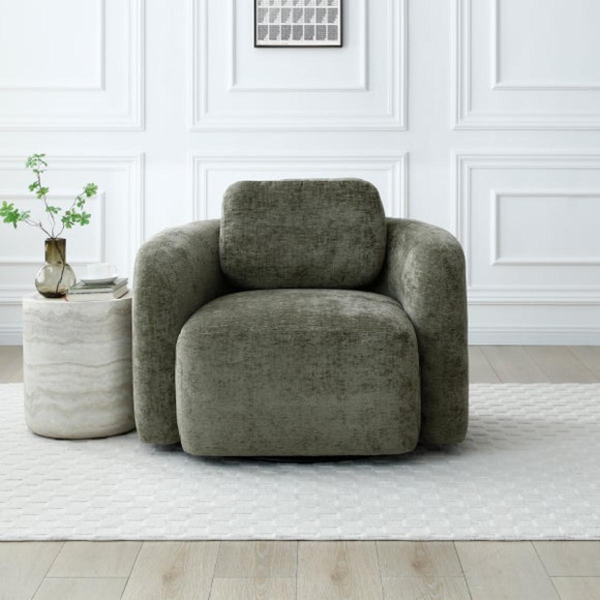Return - Max Olive Distressed Chenille Curved Swivel Accent Chair – image 2