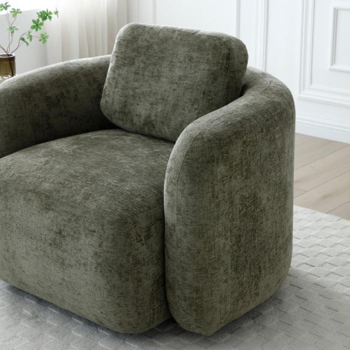 Return - Max Olive Distressed Chenille Curved Swivel Accent Chair – image 4
