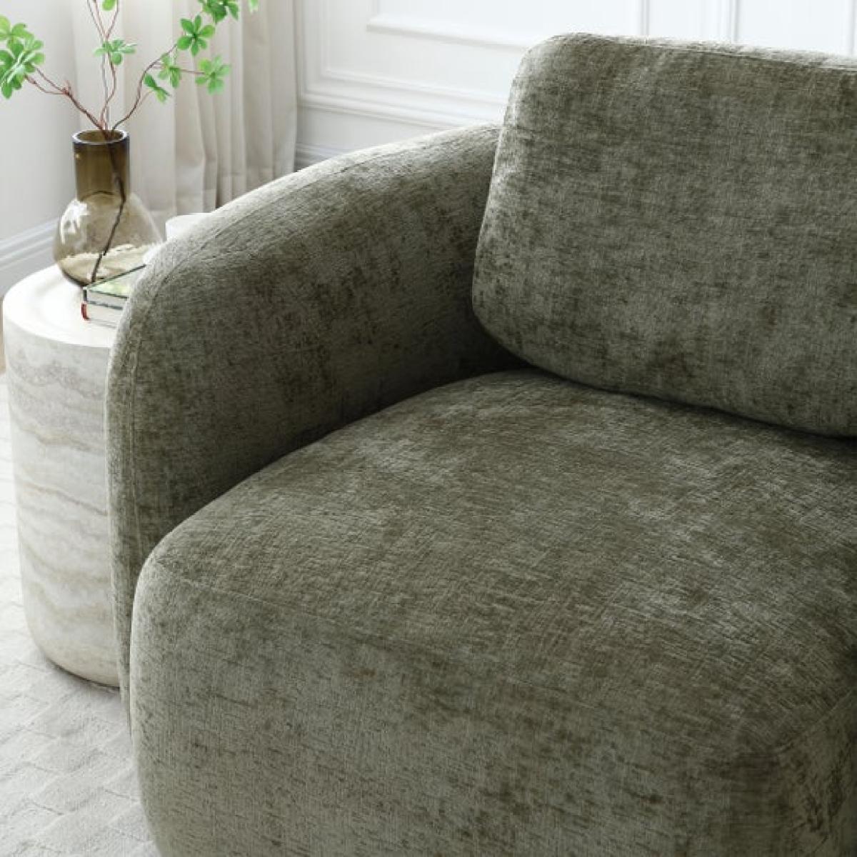 Return - Max Olive Distressed Chenille Curved Swivel Accent Chair – image 5