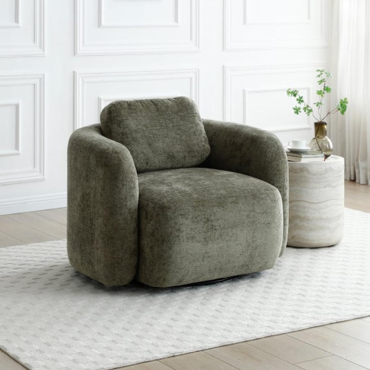 Return - Max Olive Distressed Chenille Curved Swivel Accent Chair – image 1