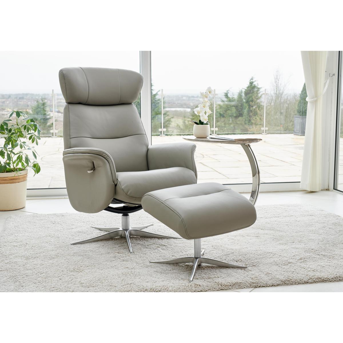 Marseille Leather Swivel Recliner Chair and Footstool - Grey – image 2