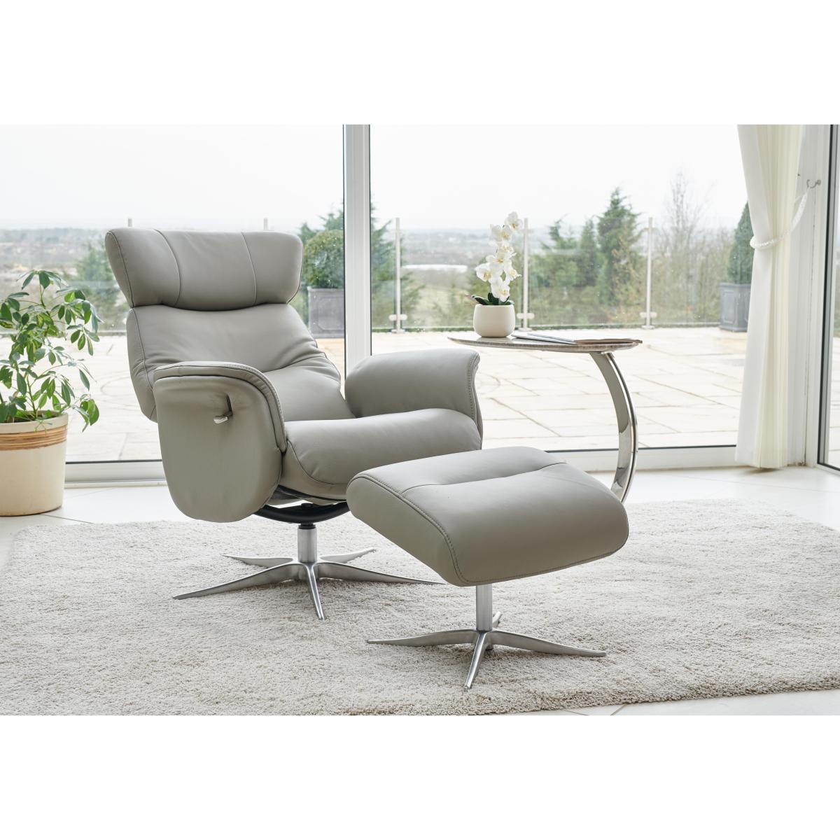 Marseille Leather Swivel Recliner Chair and Footstool - Grey – image 3