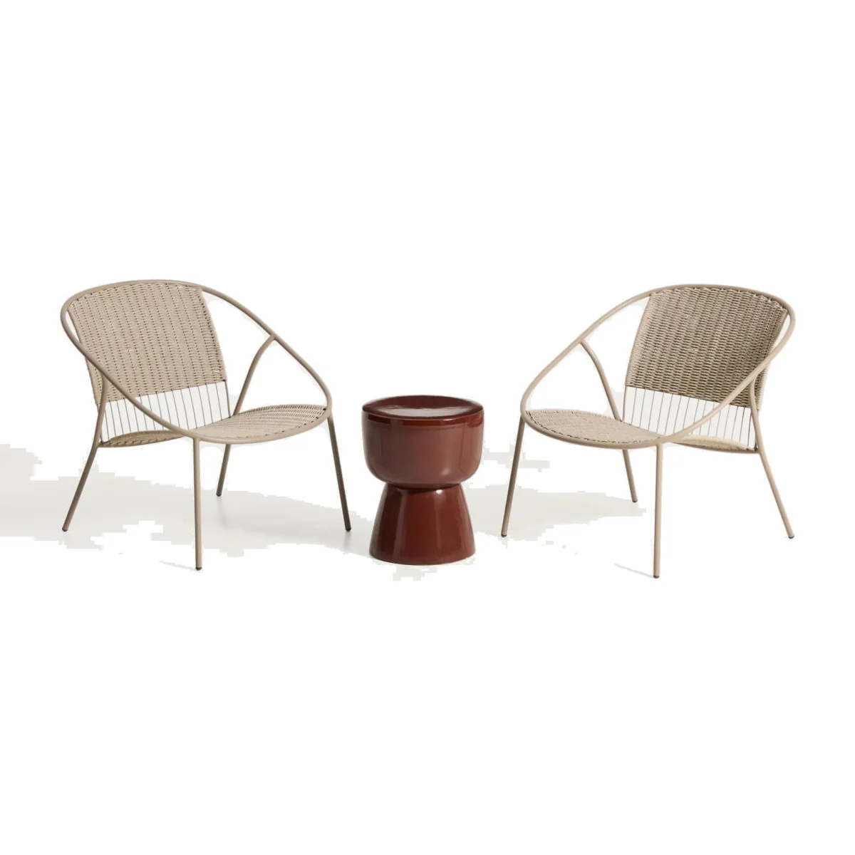 Set of 2 Atrani armchairs in galvanised steel and taupe rope cord with Mesquida side table in glazed terracotta ceramic Ø 36 cm – image 1