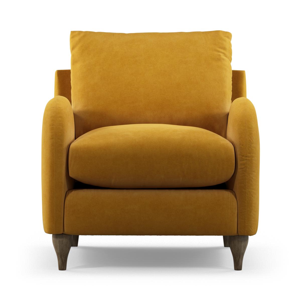 Sofia Armchair, Mustard Recycled Velvet with Light Wood Legs – image 2