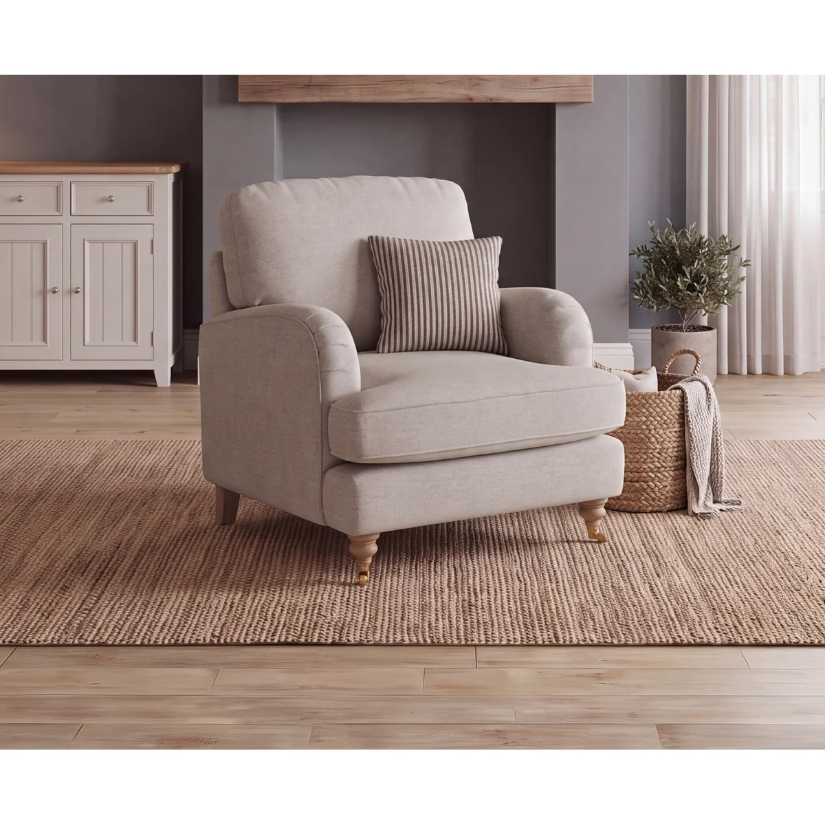 Chilworth Natural Fabric Armchair with Grey Cushion – image 2