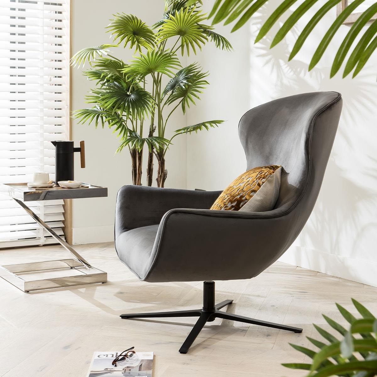 ExDisplay Quatropi Swivel Armchair Wingback Charcoal Grey Fabric & Black Metal Legs – image 2