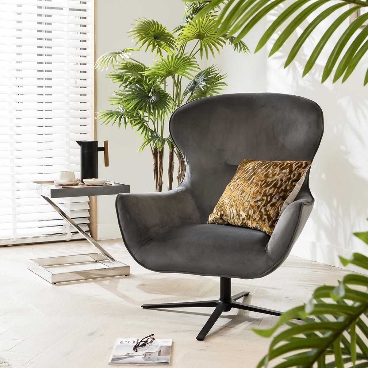ExDisplay Quatropi Swivel Armchair Wingback Charcoal Grey Fabric & Black Metal Legs – image 3