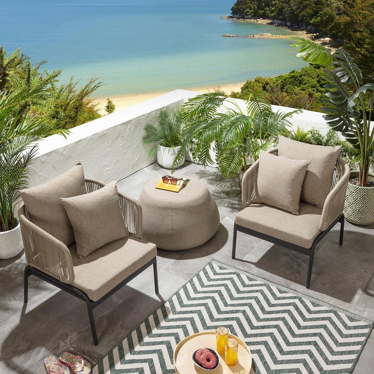 Set of 2 Modern Outdoor Armchairs with Pouf Patio Garden Furniture – image 2