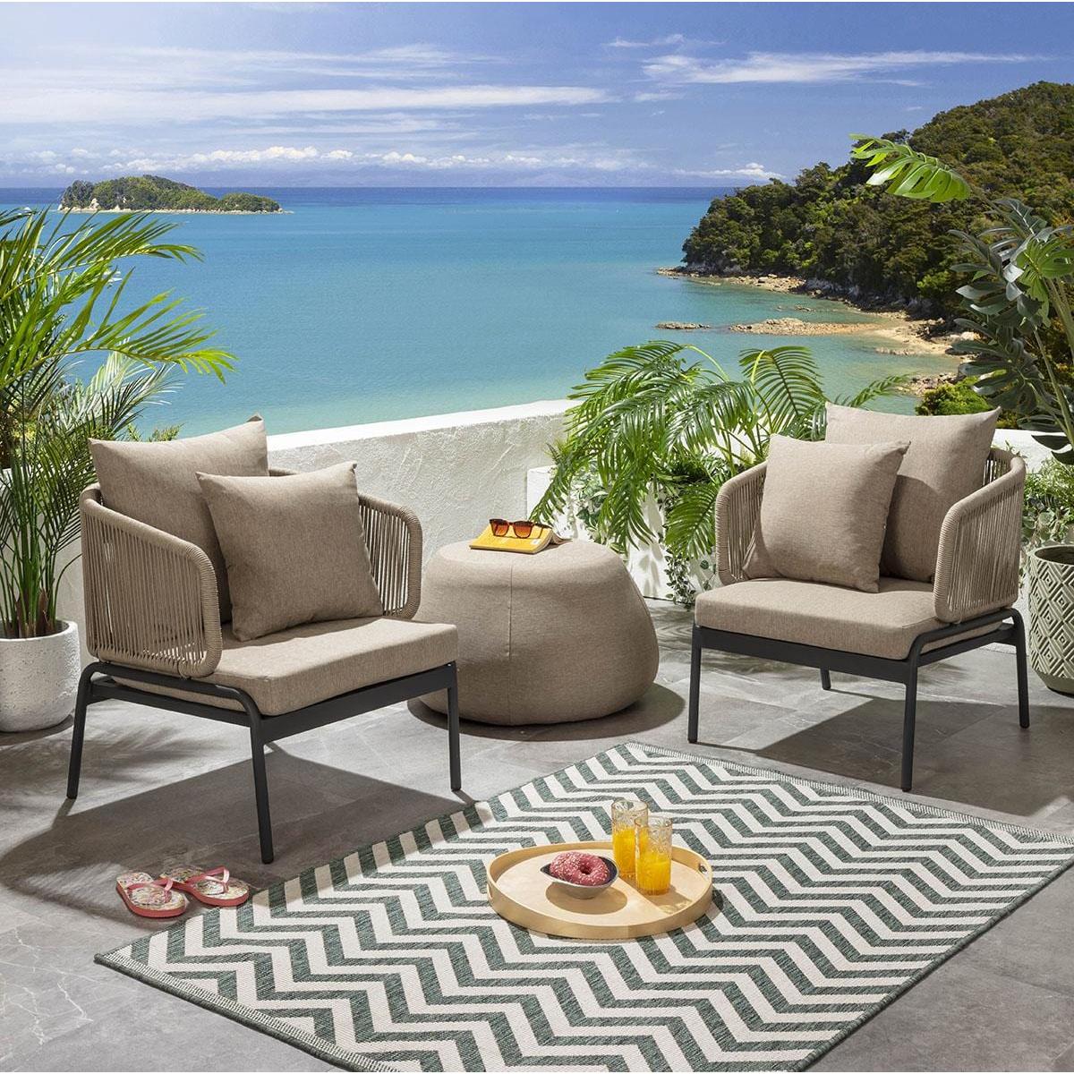 Set of 2 Modern Outdoor Armchairs with Pouf Patio Garden Furniture – image 3