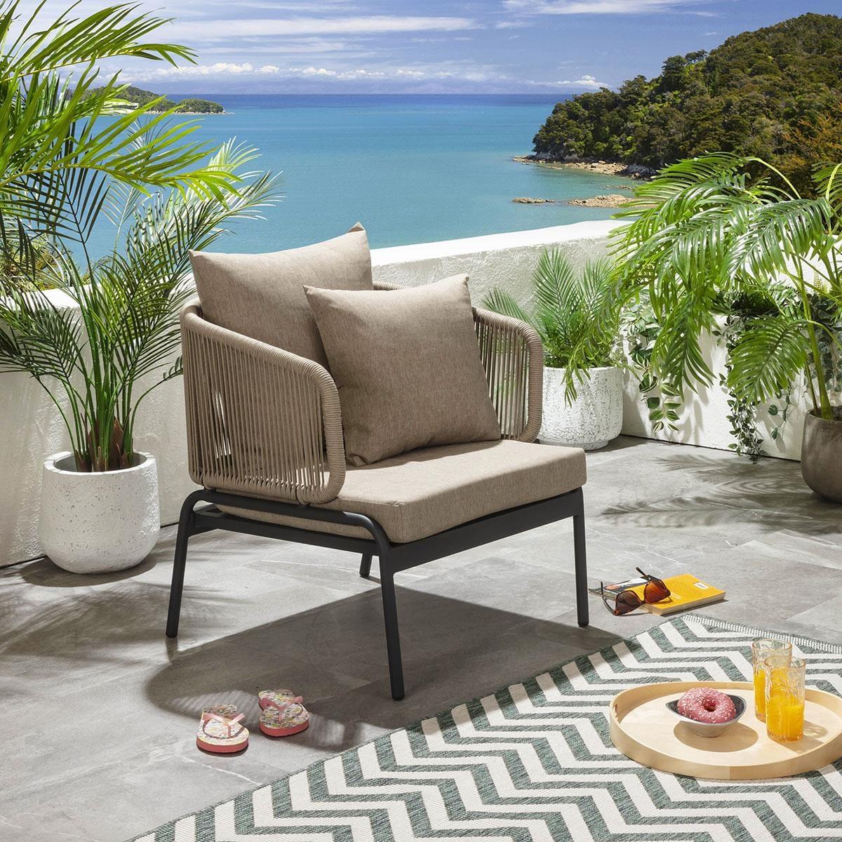 Set of 2 Modern Outdoor Armchairs with Pouf Patio Garden Furniture – image 5