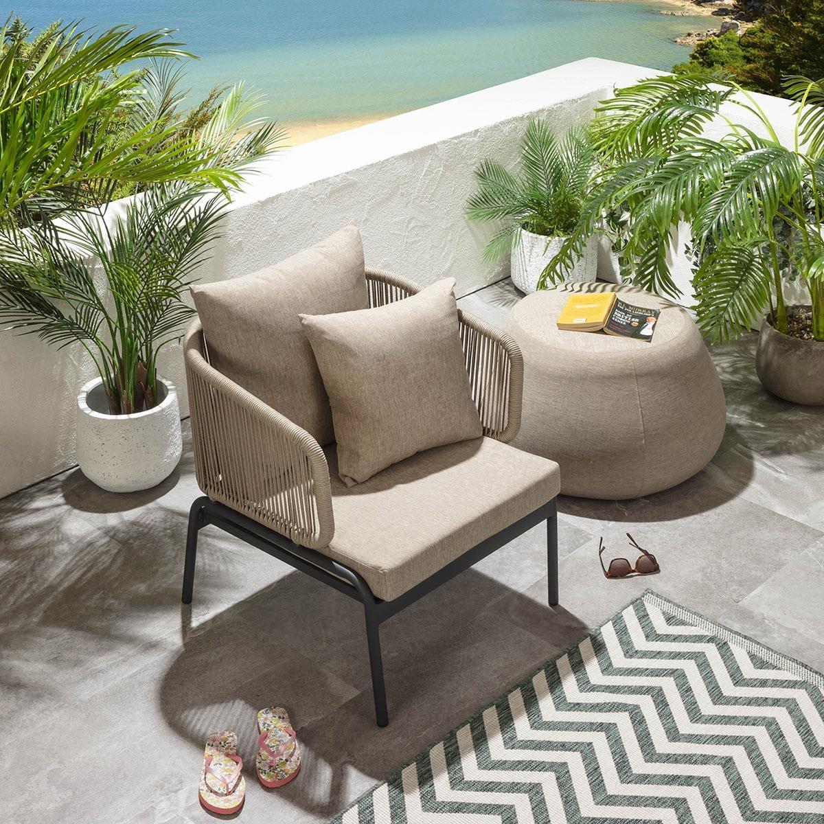 Set of 2 Modern Outdoor Armchairs with Pouf Patio Garden Furniture – image 7