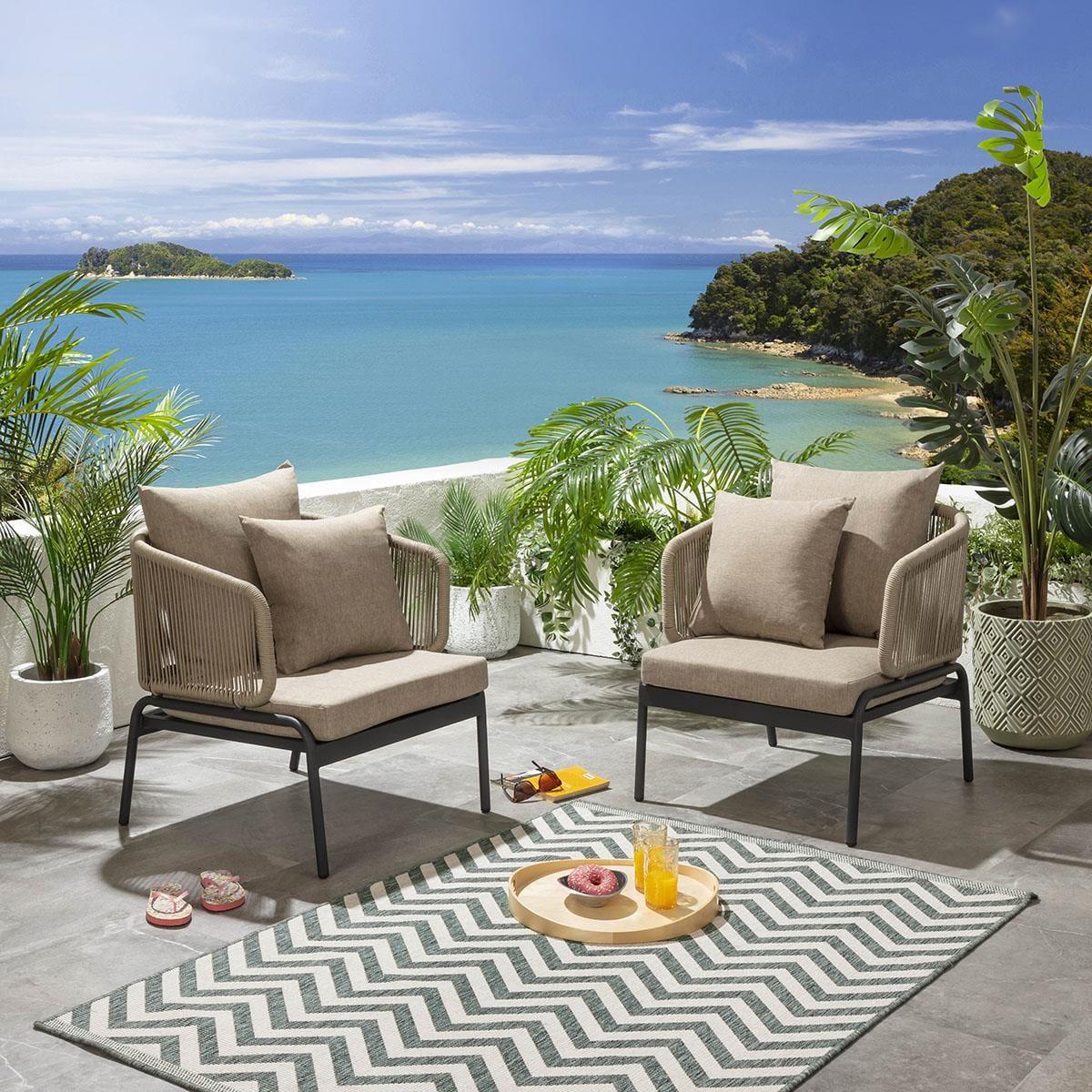 Set of 2 Modern Outdoor Armchairs with Pouf Patio Garden Furniture – image 1