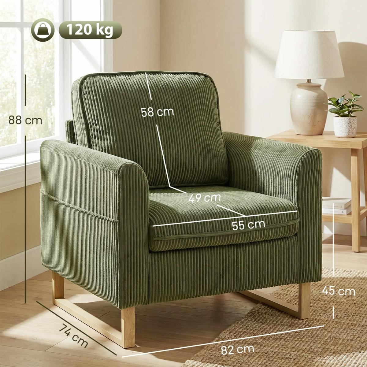 HOMCOM Armchair with Metal Legs and Spring Dark Green - Green – image 3