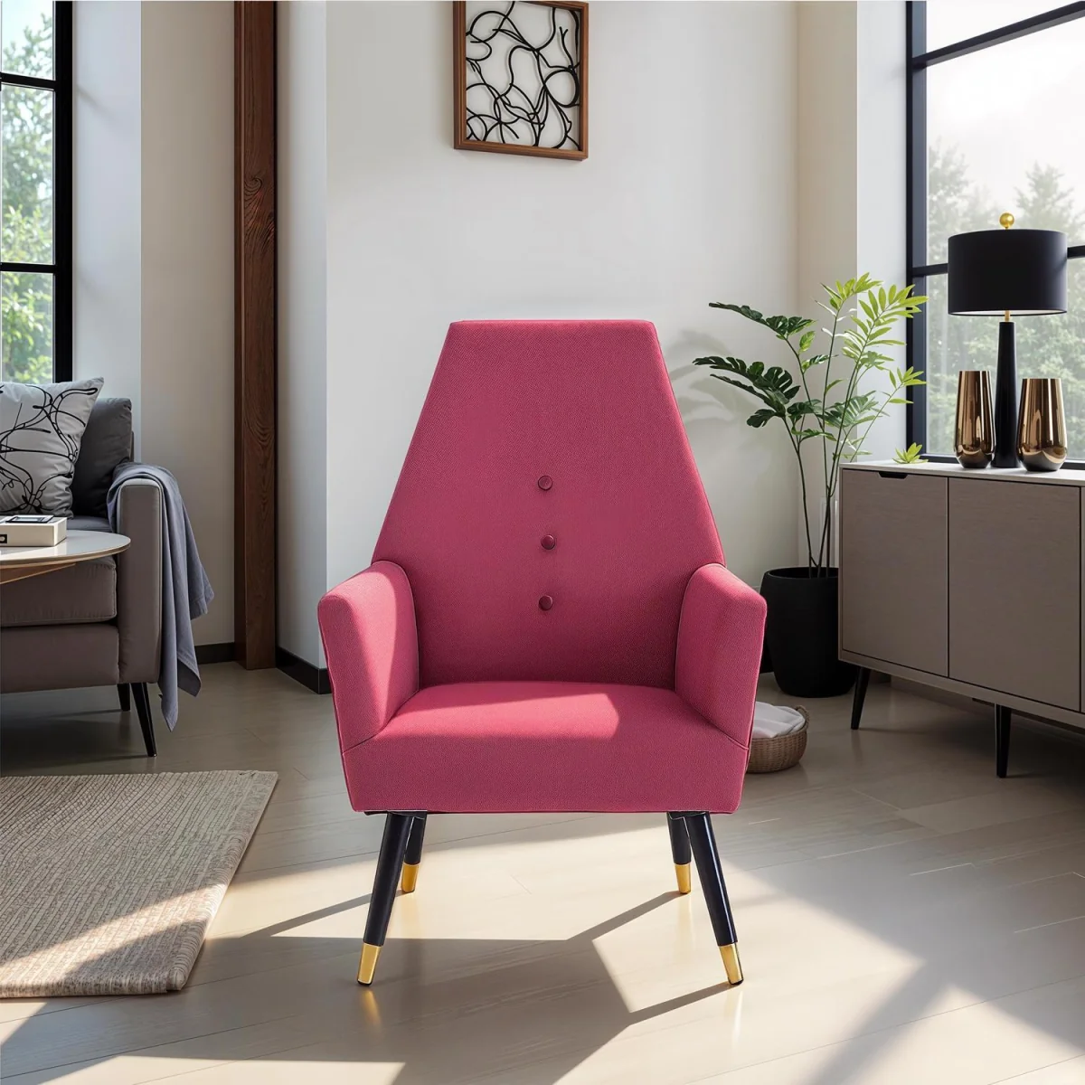 FWStyle Armchair Velvet Upholstered Padded Accent Coushin Buttoned Back - Wine – image 2