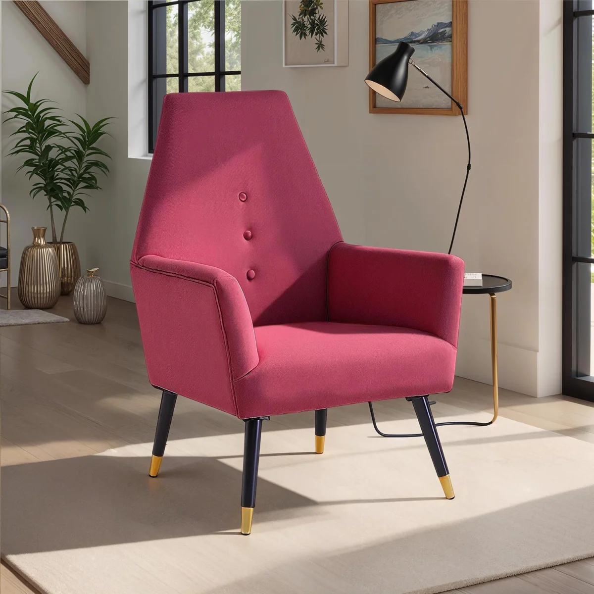 FWStyle Armchair Velvet Upholstered Padded Accent Coushin Buttoned Back - Wine – image 1