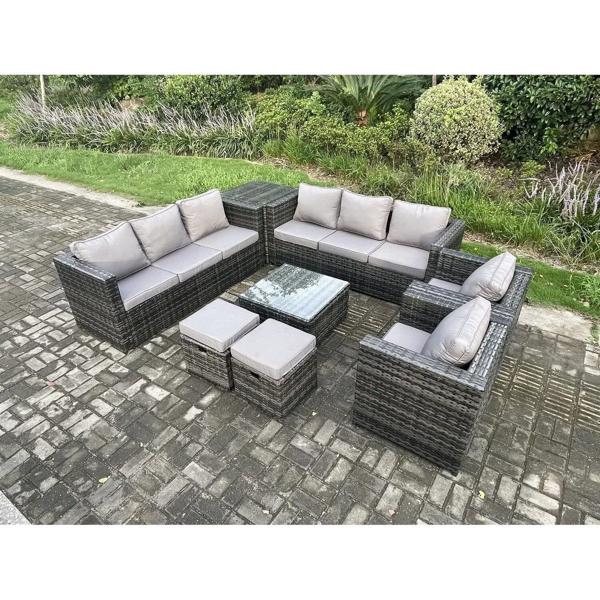 Fimous 10-Seater Rattan Patio Set with 2 Armchairs & Coffee Table - Dark Grey – image 3
