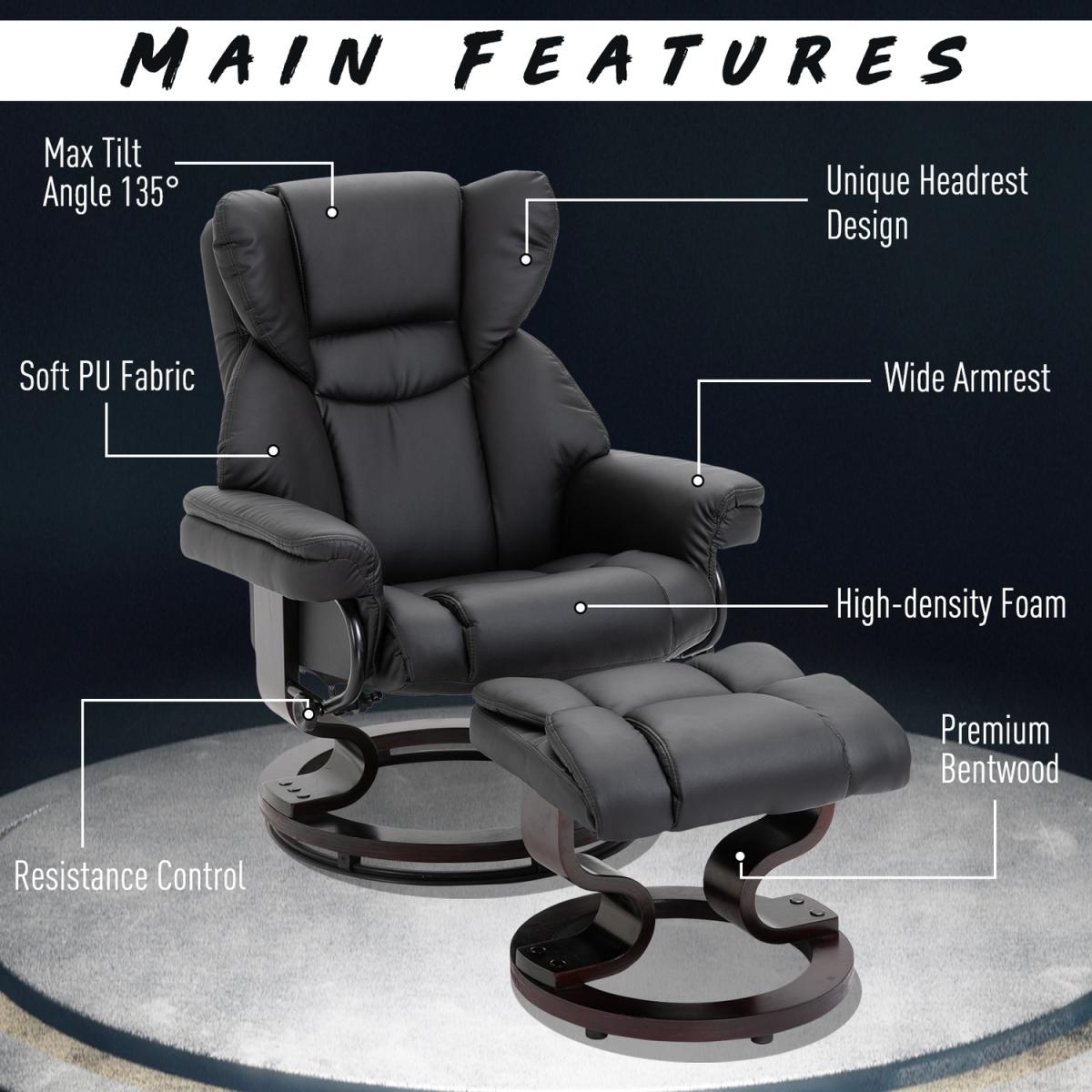 Padded PU Leather Reclining Armchair - Black – image 5