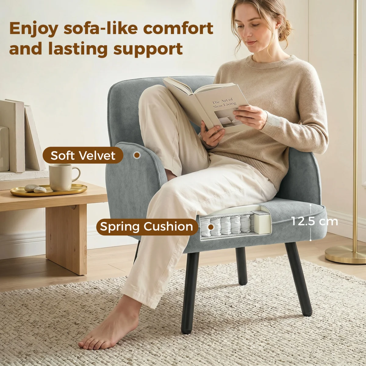 HOMCOM Lounge Chair Velvet Upholstered Spring Cushion  - Grey – image 6