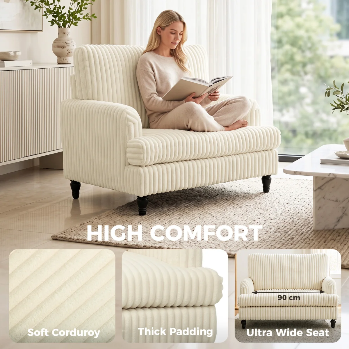 HOMCOM Single Sofa Armchair with Stripes - Cream – image 4
