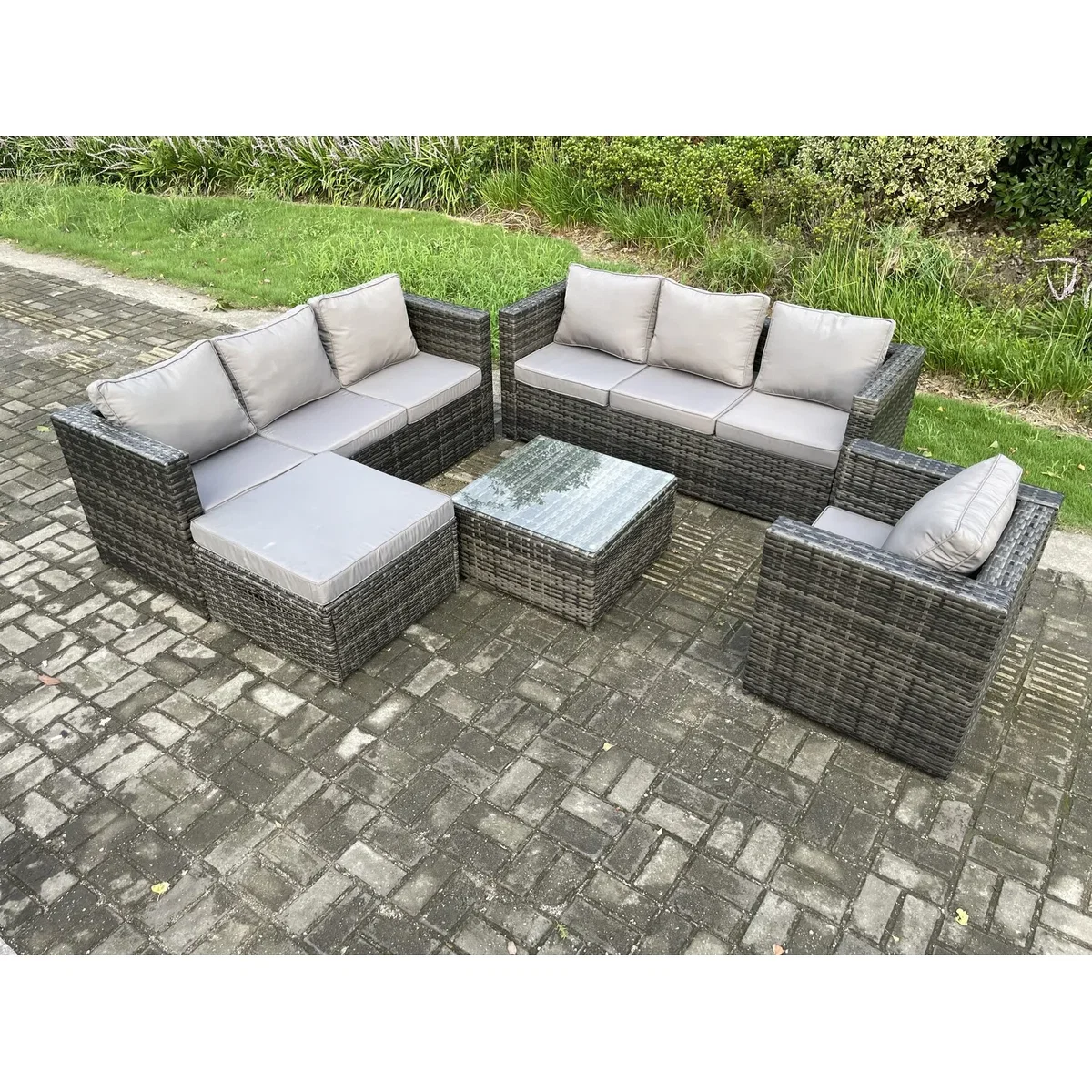 Fimous 8-Seater Rattan Lounge Set with Armchair, Coffee Table & Stool - Dark Grey – image 3