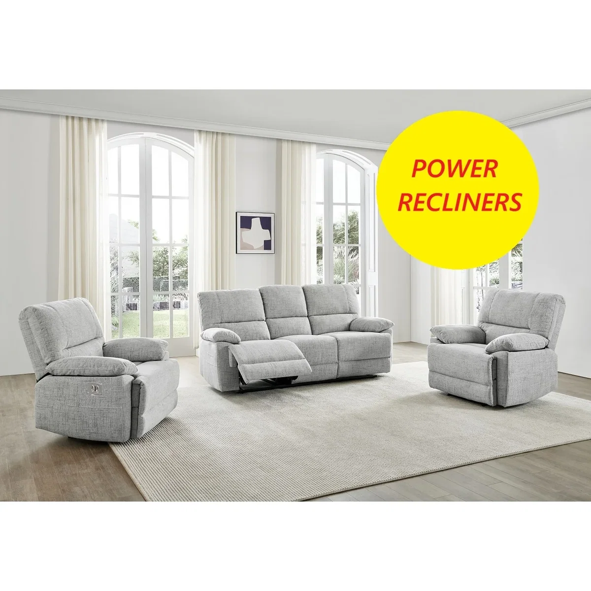 Oxford Grey Fabric Electric Reclining 3 Seater + 2 Armchairs - Grey – image 3