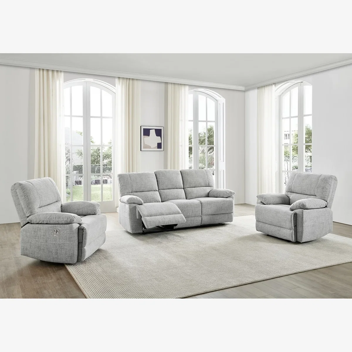 Oxford Grey Fabric Electric Reclining 3 Seater + 2 Armchairs - Grey – image 1